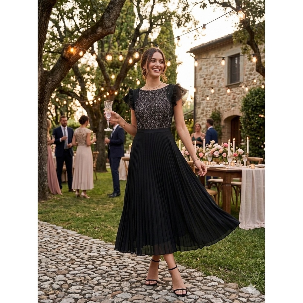 Saloni Black Lace Fringe Cocktail Dress Pleated Skirt Cotton 2